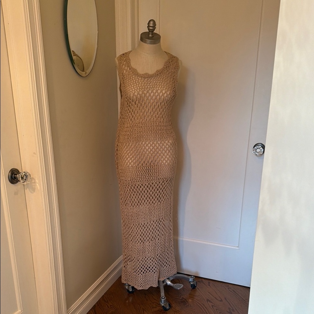 Elegant Tan Crochet Maxi Dress